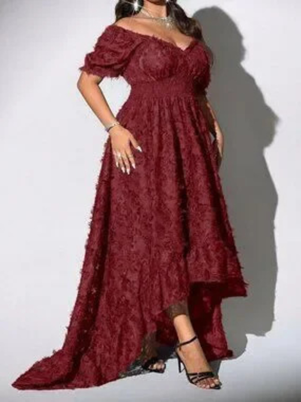Burgundy Elegant Women's Plus Size Off-Shoulder Pleated Waist-Cinched Dress